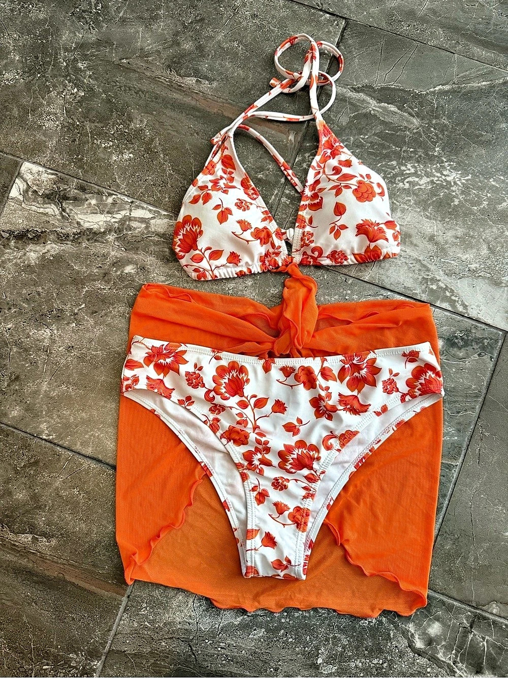 Floral Bikini Set in Orange & White